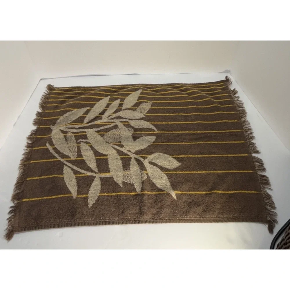 VTG Bath Hand Towel‎ Steel Brown Leaf Stripe Fringe Retro Cannon Monticello